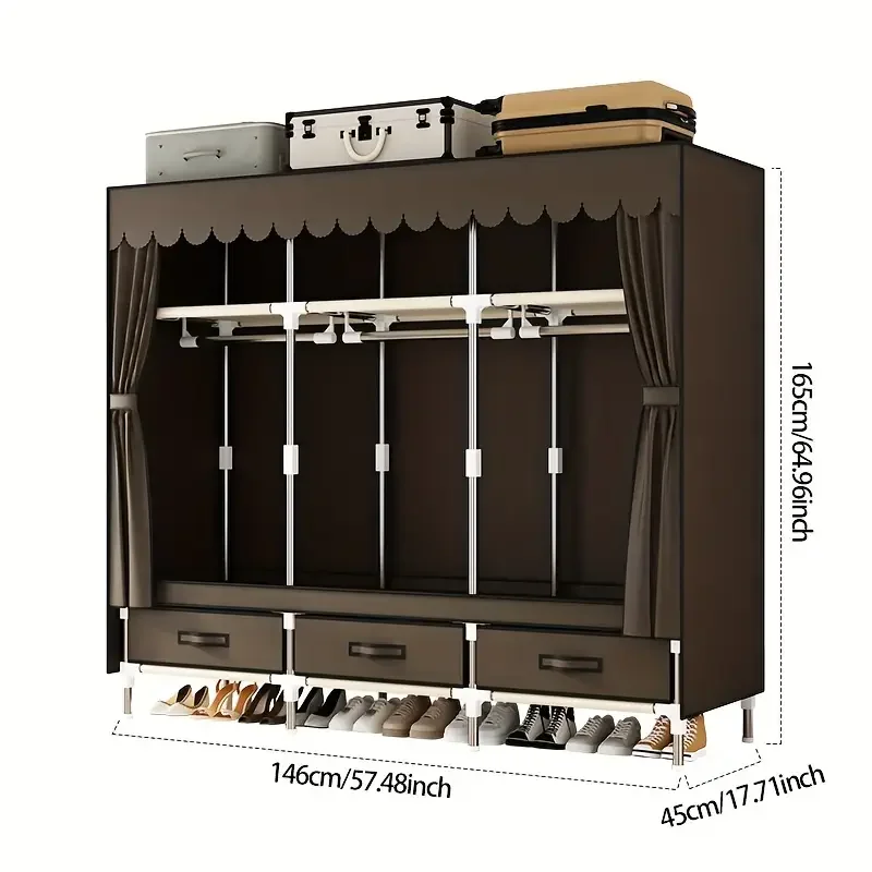 Portable Wardrobe with 3 Hanging Rods and 6 Storage Racks - Reinforced Alloy Steel Frame, Easy to Assemble, Canvas Curtain Cover view 3
