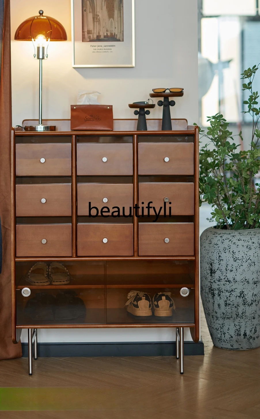 

Retro nine-bucket cabinet, dining side cabinet, medieval locker, bedroom, bedside cabinet against the wall, solid wood