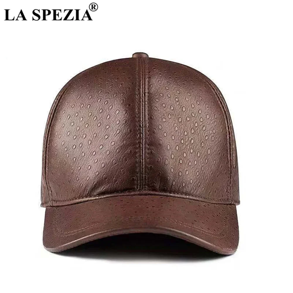 

LA SPEZIA Brown Baseball Cap with Dots Sheepskin Genuine Leather Hats for Men High Quality Real Leather Winter Cap Adjustable