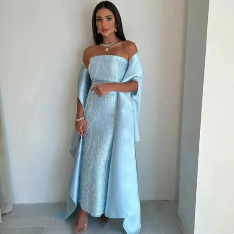 Aleeshuo-vestidos de satén azul cielo para graduación, vestido largo elegante de noche de Arabia Saudita, hasta el tobillo plisado, fiesta de cóctel, 2024