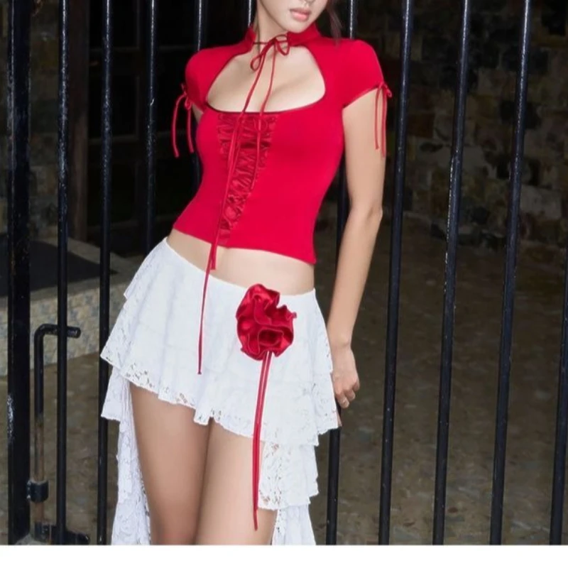 Women's Spring Summer New Red Solid Color Drawstring Hollow Sexy Slanted Shoulder Can Be Wearing Twice Women's Top