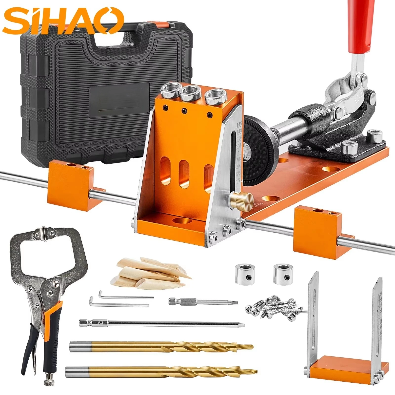 Pocket Hole Jig Kit Adjustable & Easy to Use Pocket Hole Jig System|SIHAO 30PC Pocket Hole Jig Kit with Step Drill Stop Collar Wrenches Square Drive Bits Adjustable Depth Woodworking Oblique Hole Jig for DIY Cabinet Furniture