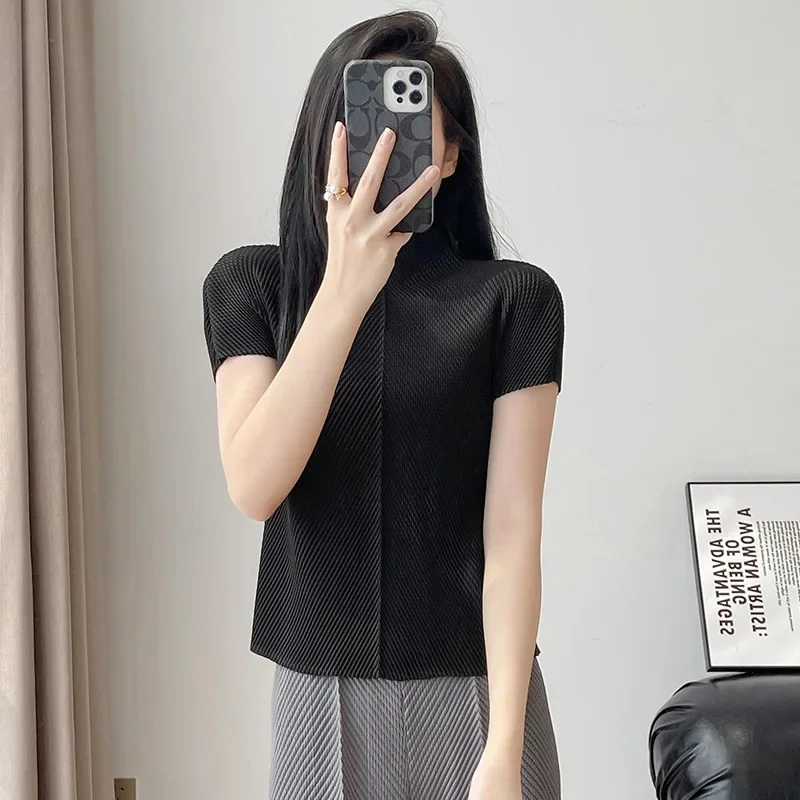 مياكي 2025 صيف جديد عالي الجودة متعدد الاستخدامات سليم قصير الأكمام المرأة الصيف البلوز القمم الوقوف طوق مطوي تي شيرت