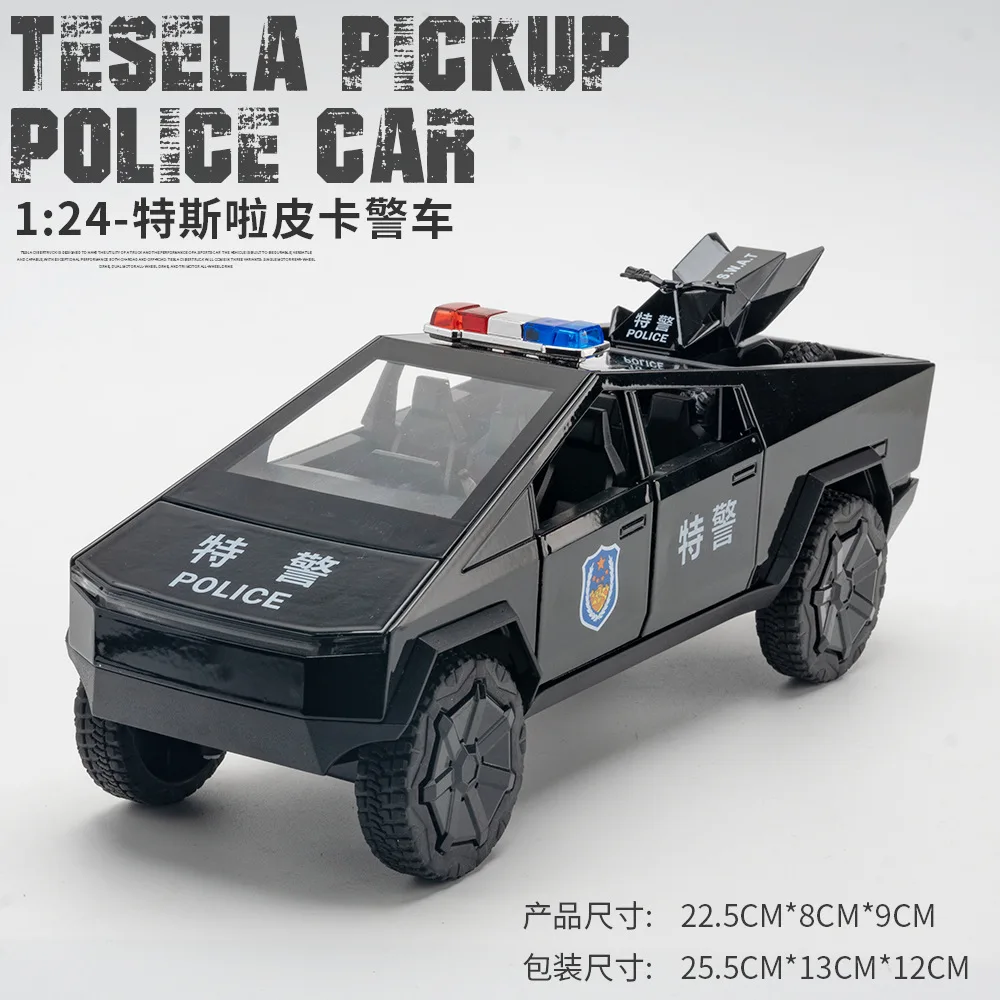 :24 Tesla Pickup Police Car High Simulation Diecast Metal Alloy Model Car Sound Light Pull Back Collection Kids Toy Gifts