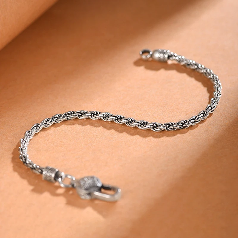 Exquisite 4MM Glossy Twisted Keel Chain S925 Silver Bracelet Retro Jewelry for Women Men Party Christmas Day Gift