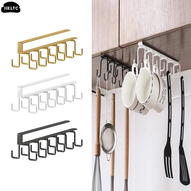 Punch-free Double-row Hooks Kitchen Under Cupboard Shelf Mug Cup Hanger Hook Iron Hanging Rack Holder Kitchen Cabinet Organizer