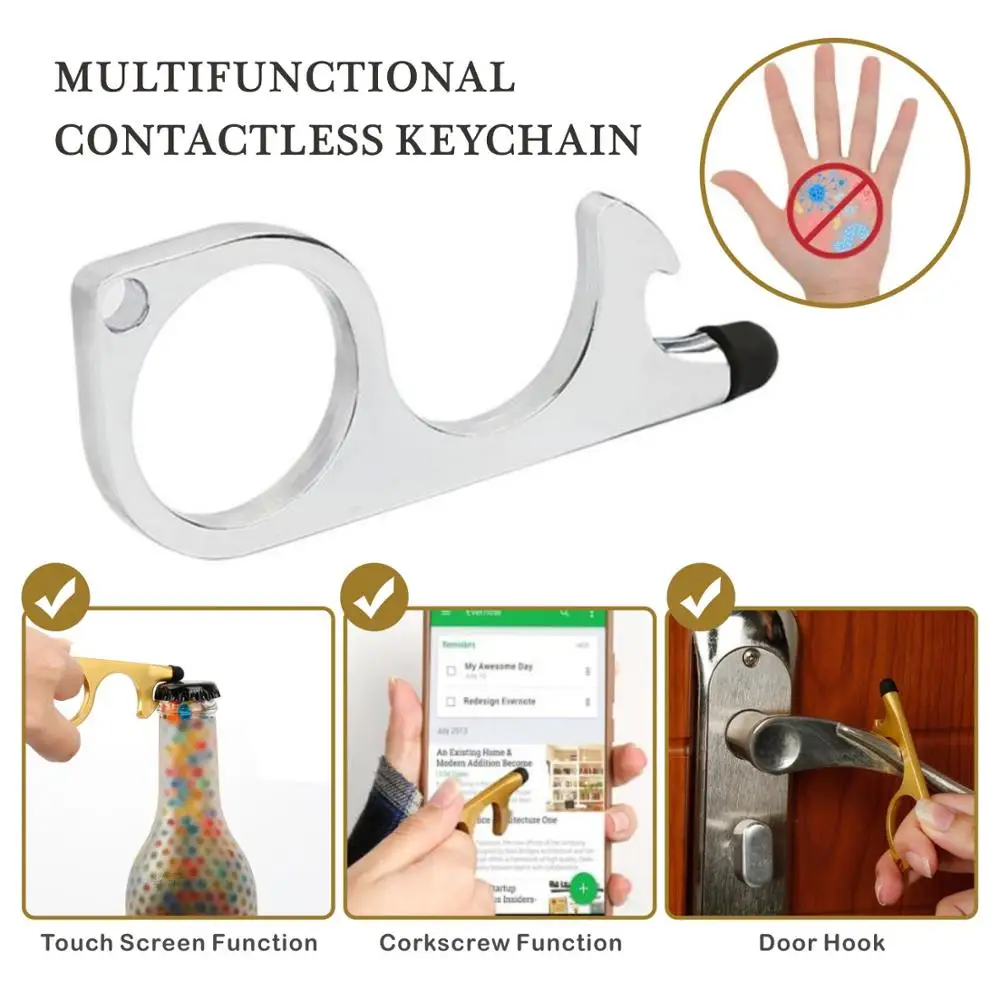 Draagbare Antimicrobiële Sleutelhanger Deur Opener Bier Trigger Touch Screen Sleutelhangers Open Deur No-Touch Druk Lift Tool hygiëne