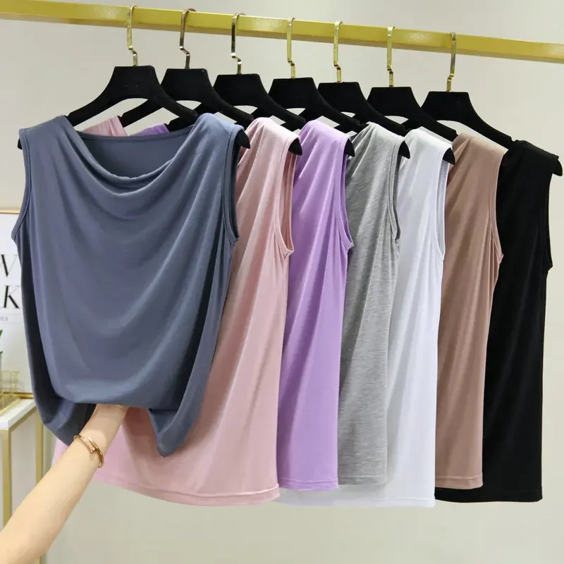 Modal Slash Neck Tank Tops Summer Women's Tee Tops Sleeveless Solid Color Ultra Thin Loose Bottoming Top All Match
