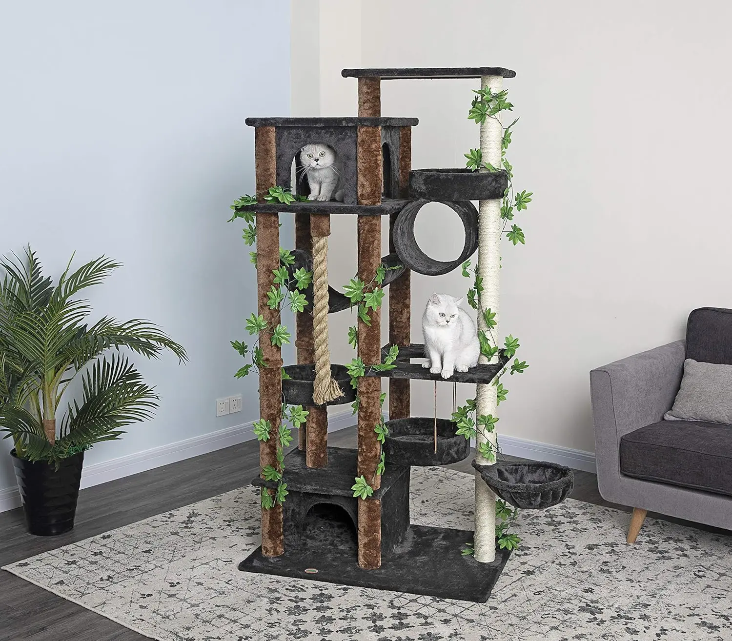 70 Jungle Forest Leaves Collection Luxury Cat Tree Condo Kitty Climber Furniture with Rope, Tunnel, and Swing