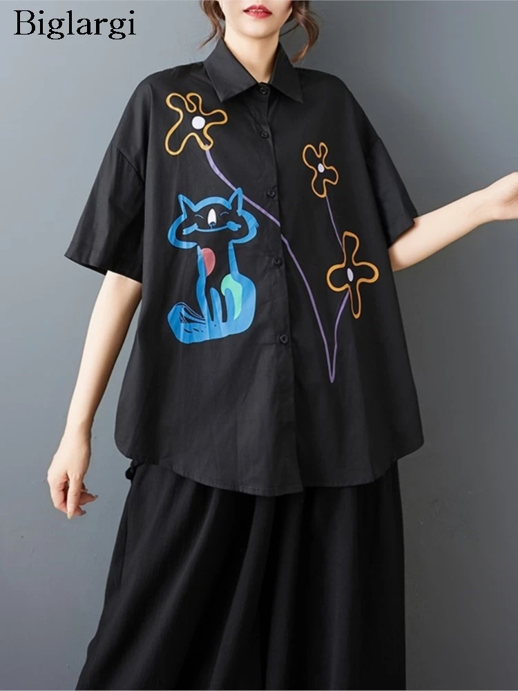 

Oversized Cotton Cat Vintage Shirts Blouses For Women Casual Loose Summer Woman Print Shirt