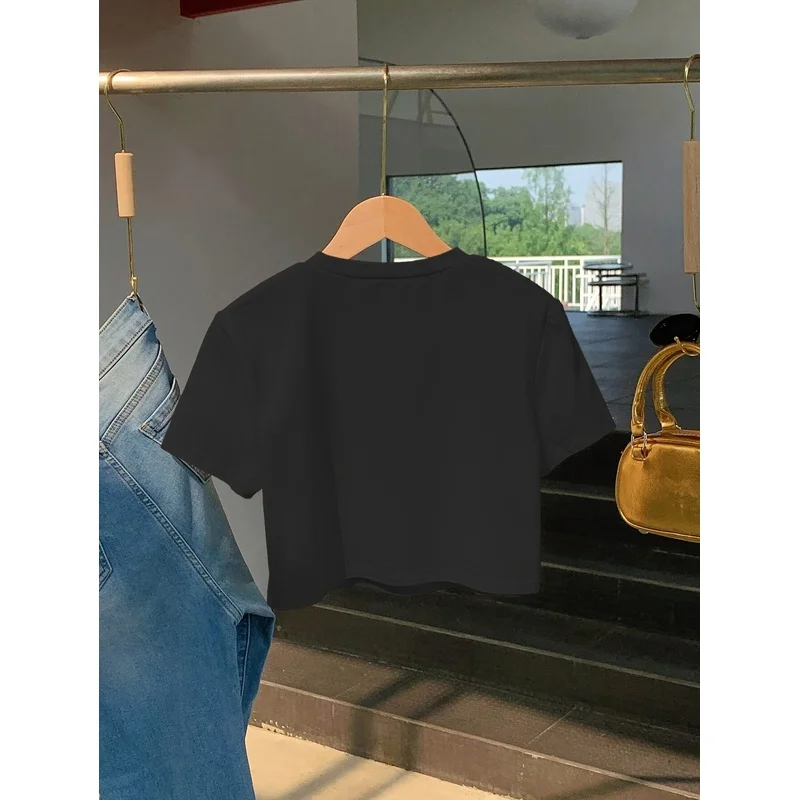 Women Y2K Kiss Me Letter Print Crop T Shirt Slim Fit Short Sleeve O Neck Navel Tee Summer Casual Streetwear Cute Cropped Top