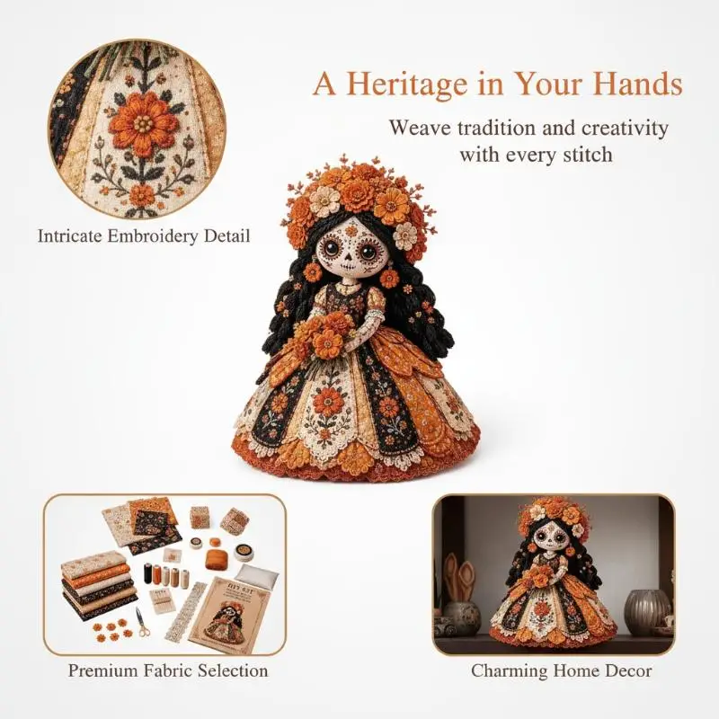 New Day Of The Dead Patchwork Doll DIY Kit Skull Face Handmade Sewing Craft Set, Patchwork DIY Collection Gift For Doll Lovers view 3