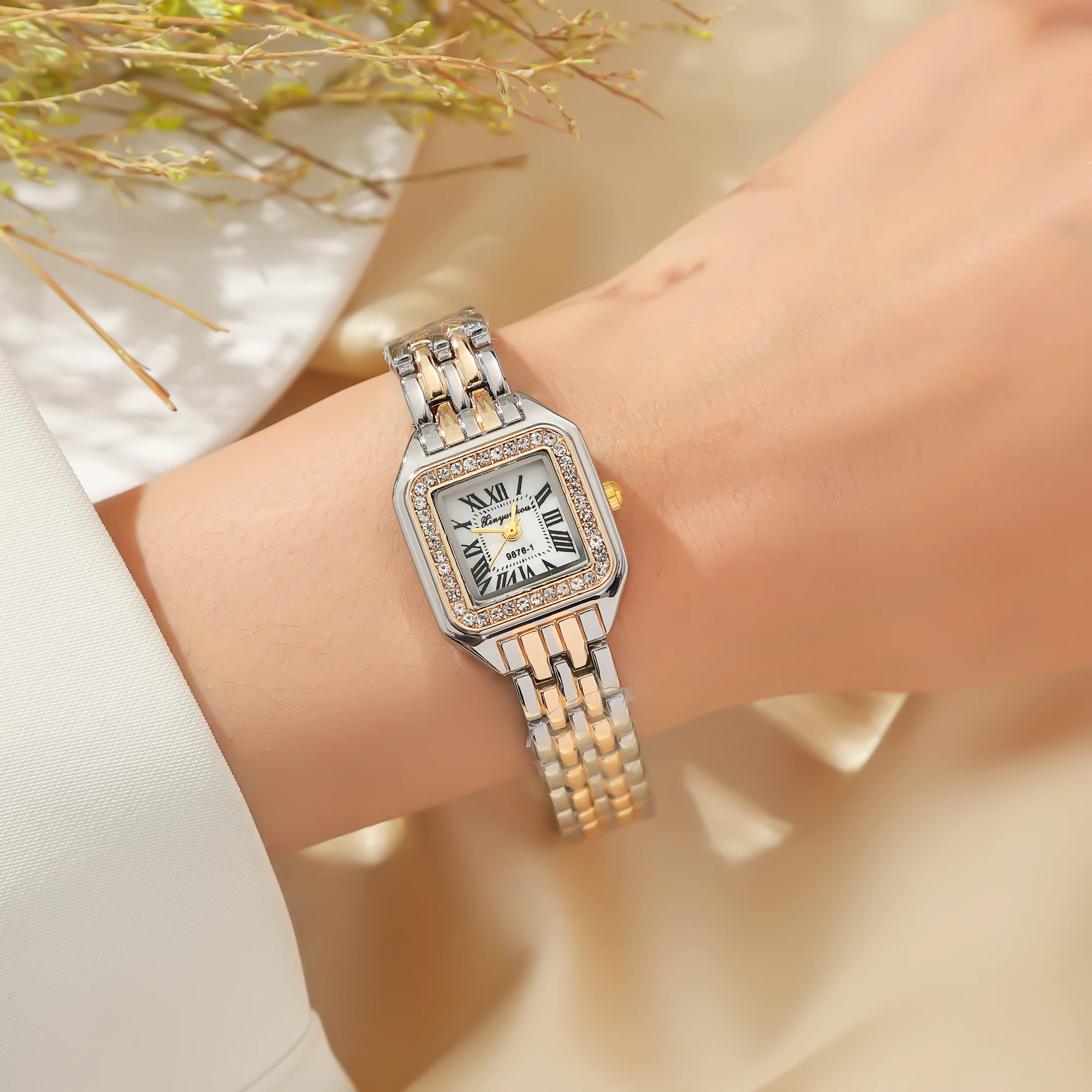 Women Fashion Square Roman Dial Full of Crystals Steel Belt Quartz Watch