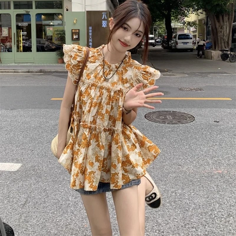 Flying Sleeve Floral Blouses Women Loose Sweet Vintage Summer Prairie Chic All-match Harajuku College Girls Fashion Casual Thin