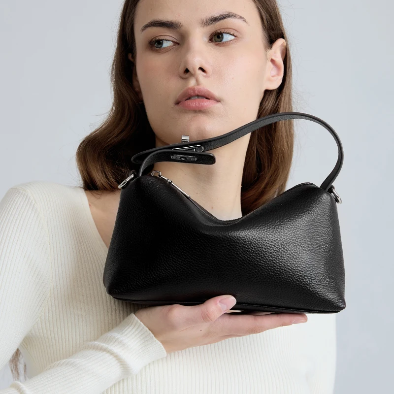 New Women's Genuine Cowhide Leather Mini Soft Hobo Crossbody Bag Smooth Leather Dual Strap Top Shoulder Handbag Minimalist Daily