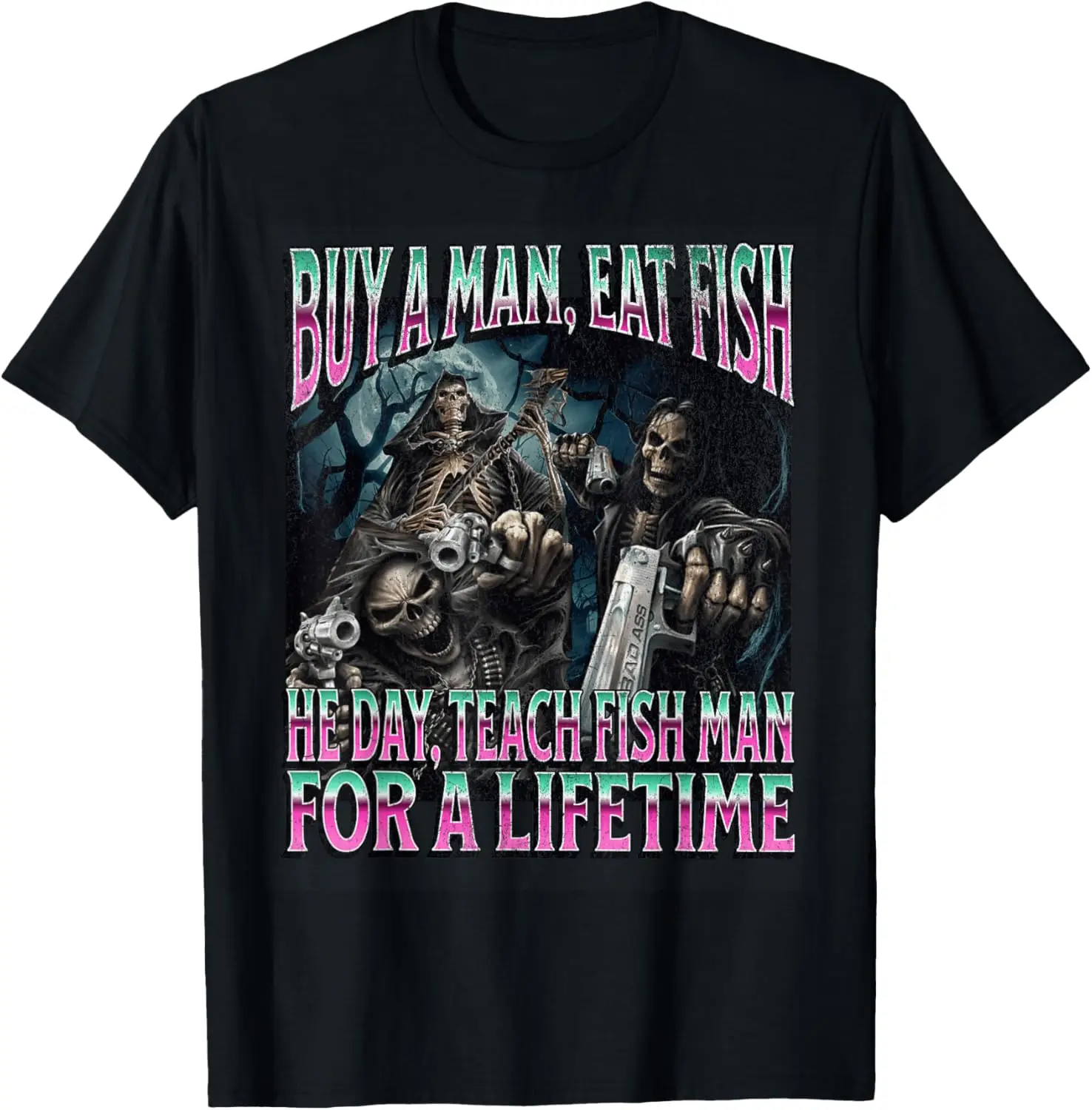Buy A Man Eat Fish Funny Hard Skeleton Meme Bootleg T-Shirt 100% Cotton Trendy Y2K Short-Sleeve Tee – Soft, Quick-Drying, &