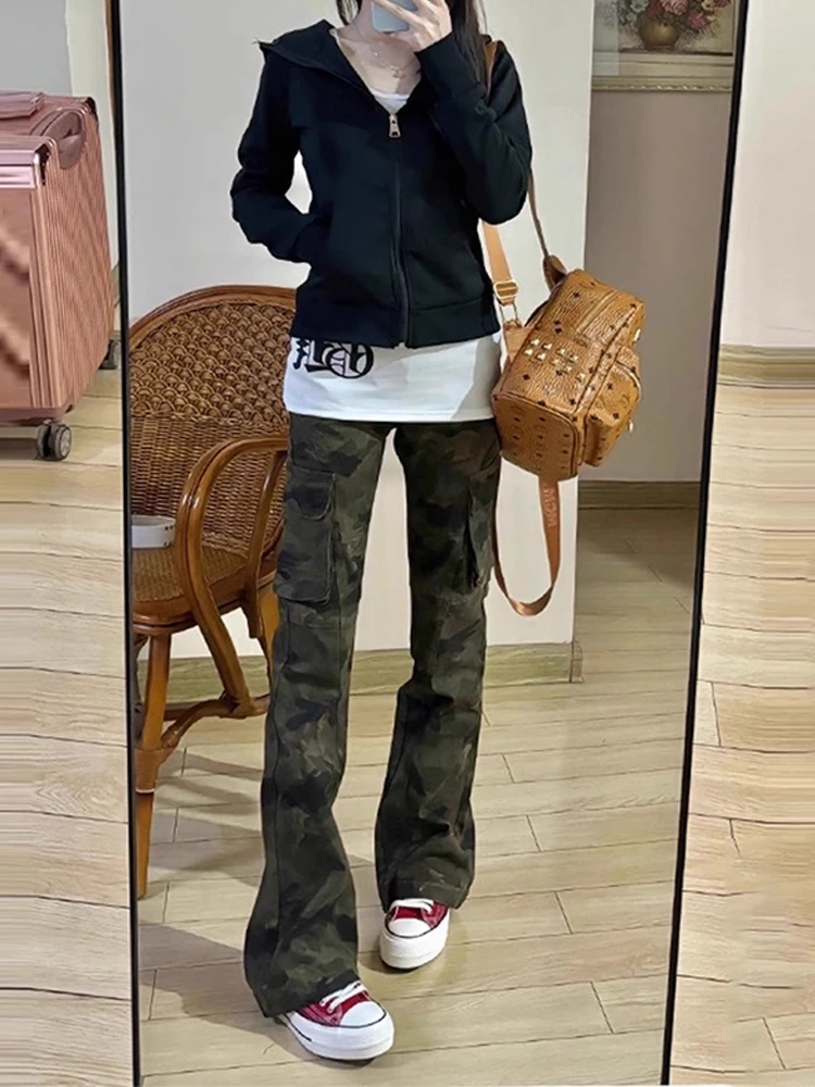 Calças Jeans Masculinas Slim Straight Leg Estilo Camuflado Retrô Americano, Calças Flare de Alta Moda Casual