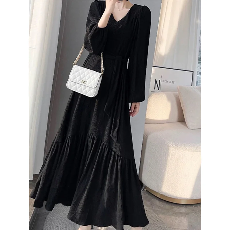 

Новинка весенней коллекции: Женское платье больших размеров в стиле Хепберн с длинным рукавом, сказочное, стройнящее, повседневное, свободного кроя, с низкой талией, V-образным вырезом