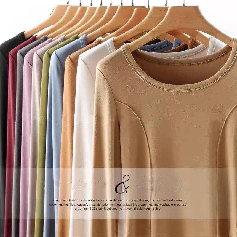 Autumn Winter U-neck Wool Blend T-shirt Women Slim Long Sleeve Keep Warm Soft Breathable Bottoming Tops