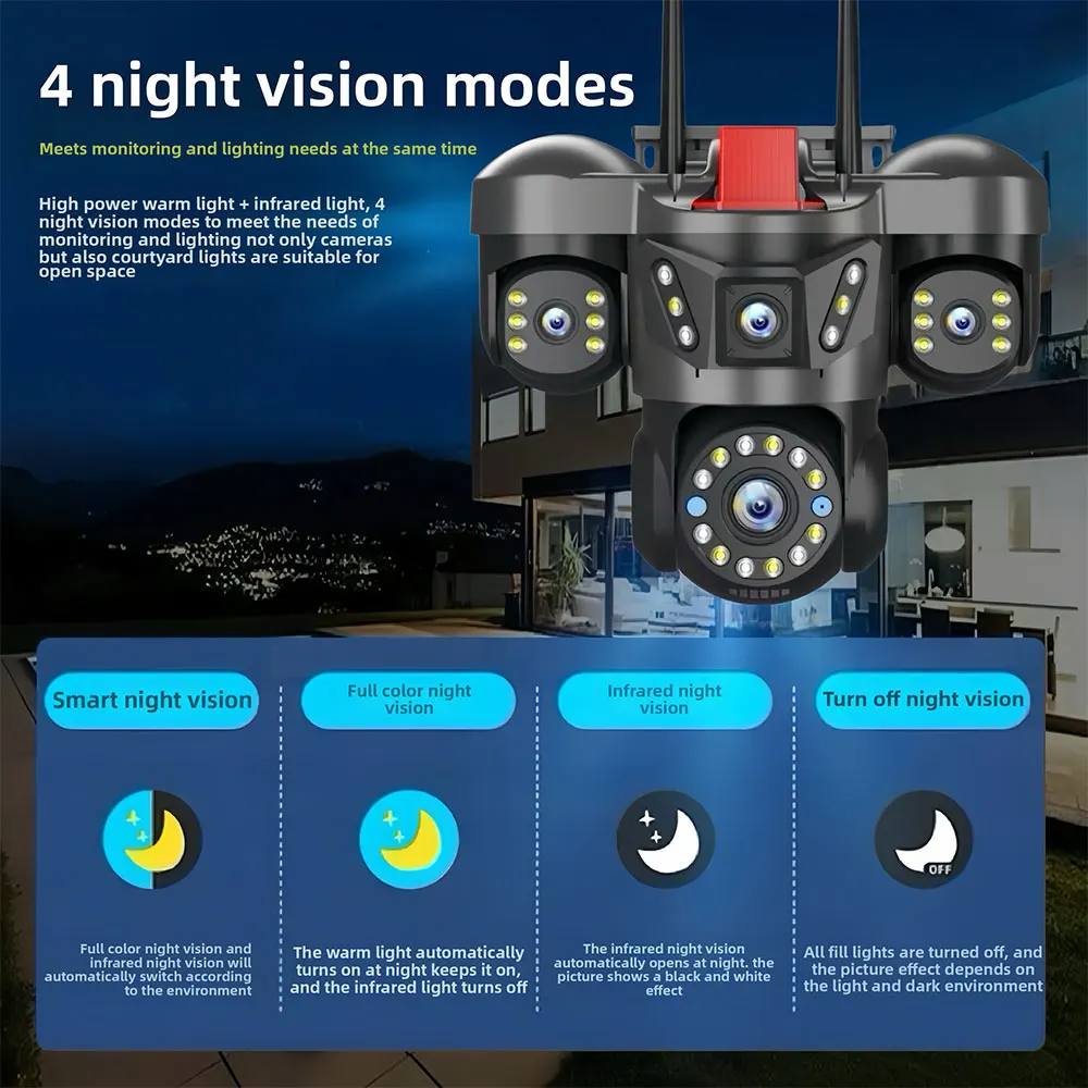 10K 20MP 4-Lens Security Camera - 16X Zoom 360° PTZ Outdoor WiFi IP Cam with Quad-Screen & Auto Tracking, CCTV Surveillance