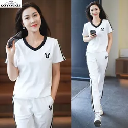 Leisure Sports Set for Women's 2024 New Korean Summer Style Fashionable Short Sleeved Wide Leg Pants Two Piece Set