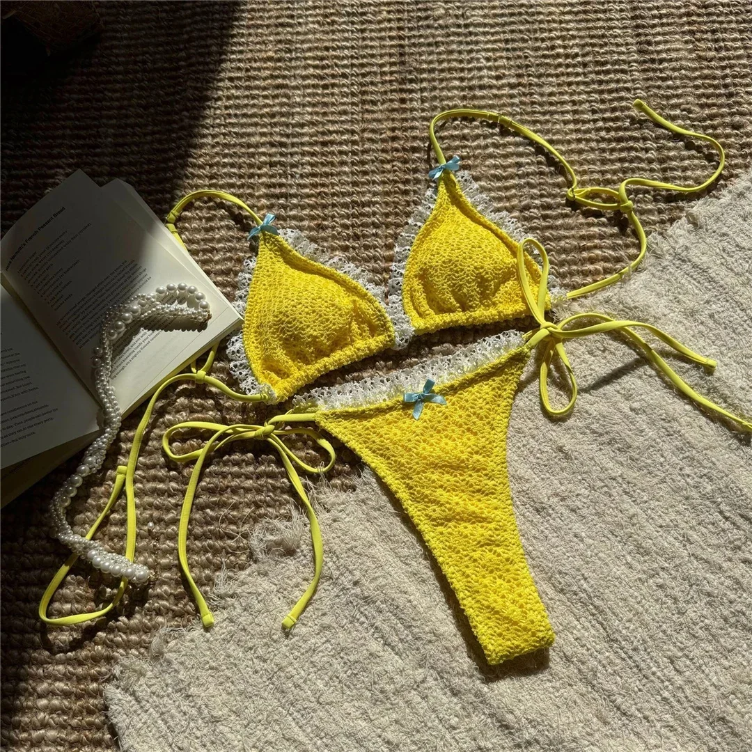 

Halter Lace Mini Thong High Cut Leg Bikini Women Swimwear Female Swimsuit Two-pieces Bikini set Bather Bathing Suit Swim V6482