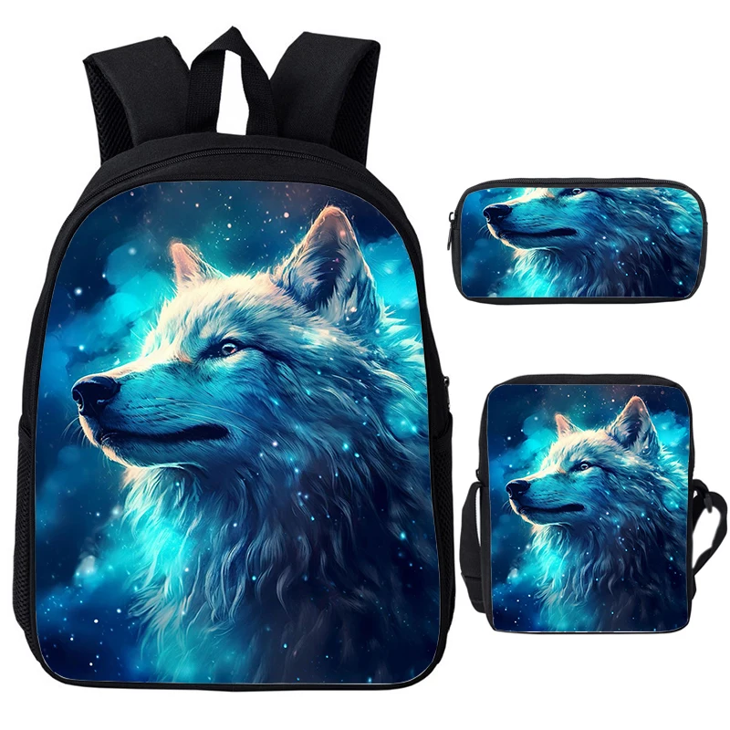 Sac à Dos Cool Wolf avec Impression 3D d'Animaux, Cartable d'École pour Étudiants, Garçon et Fille, Sac à Dos pour Ordinateur Portable, Sacs initiés, Trousse à Crayons, 3 Pièces/Ensemble