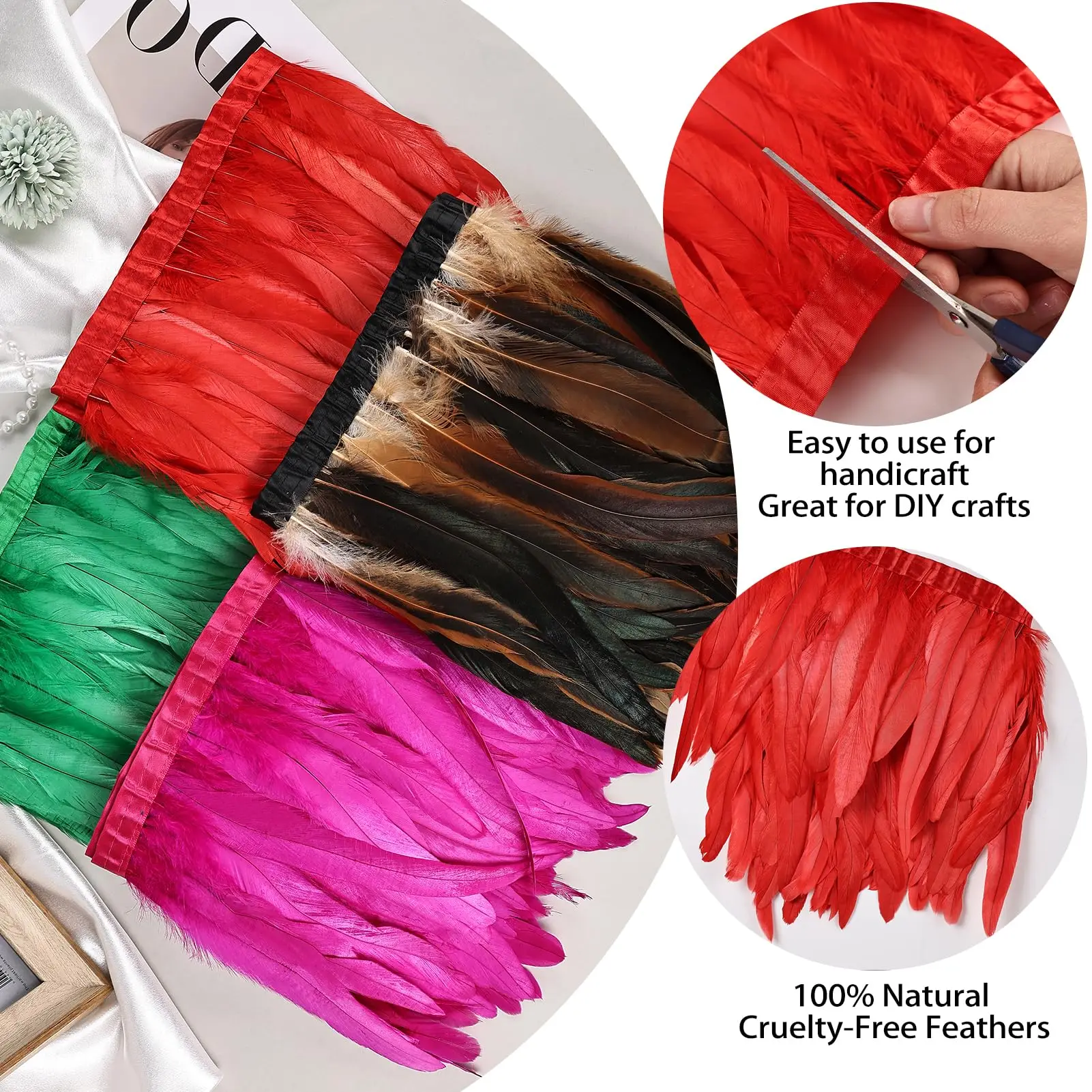2 Meters Red Rooster Feather Fringe Natural Feathers Trim 25-30cm for DIY Crafts Halloween Cape Dress Wings Costume Design