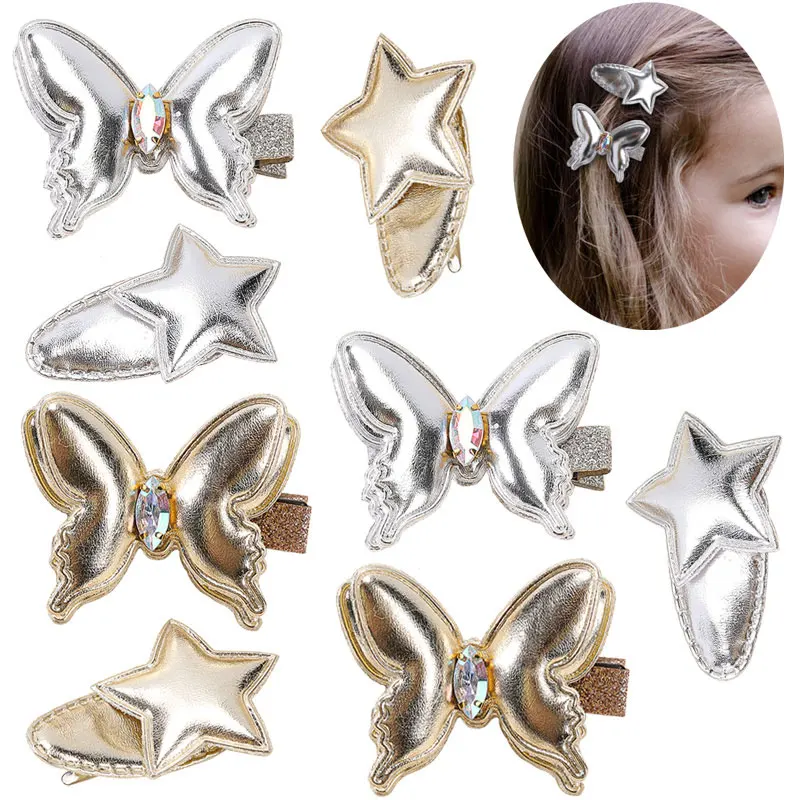 

2pcs PU Snap Hairpins Barrettes Rhinestone Butterfly Star Hair Clips For Girls Hair Accessories Kids Hairgrips Headwear