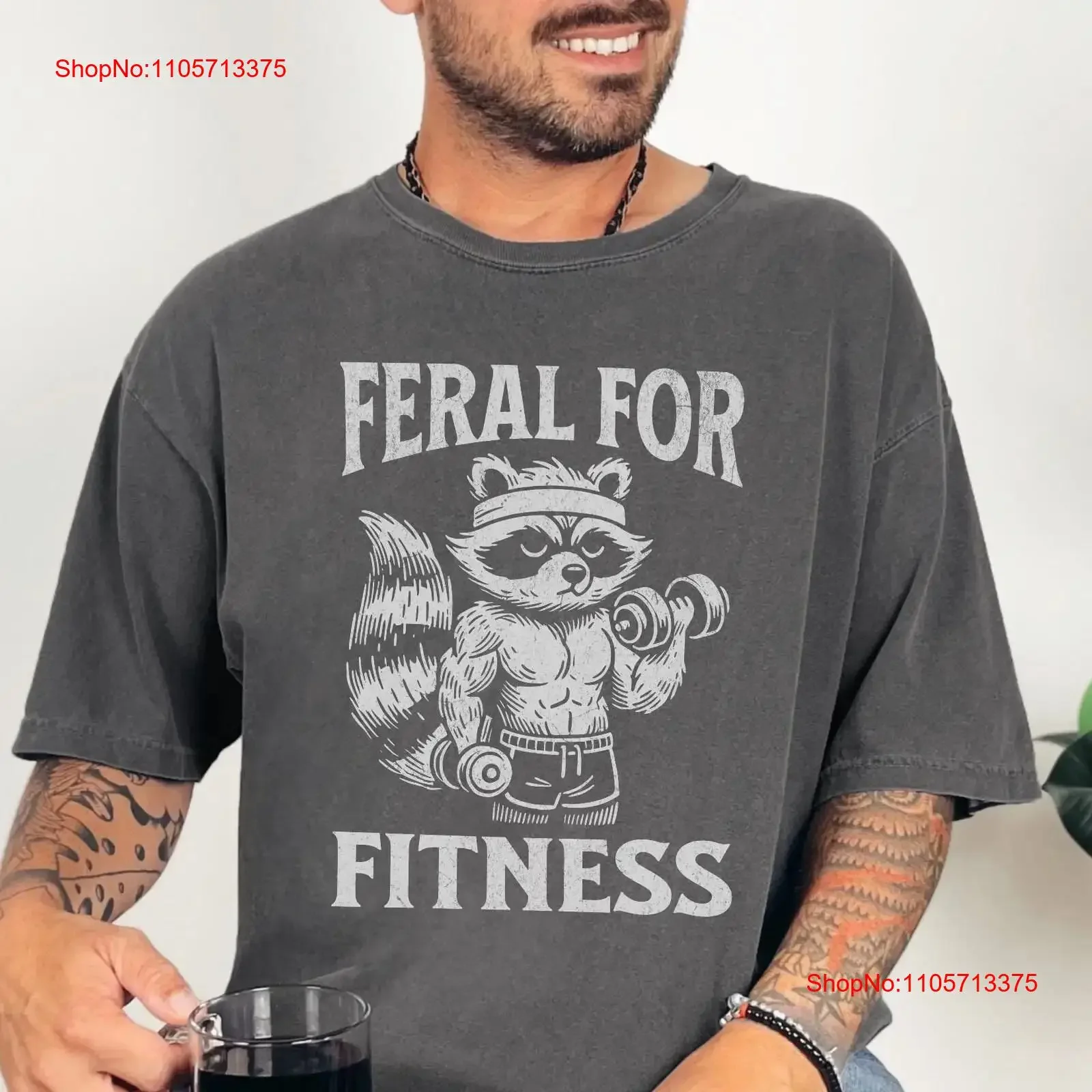 Feral for Fitness T Shirt Funny Gym with Muscular Raccoon Workout Meme Lover Rat vintage Washed Comfortable
