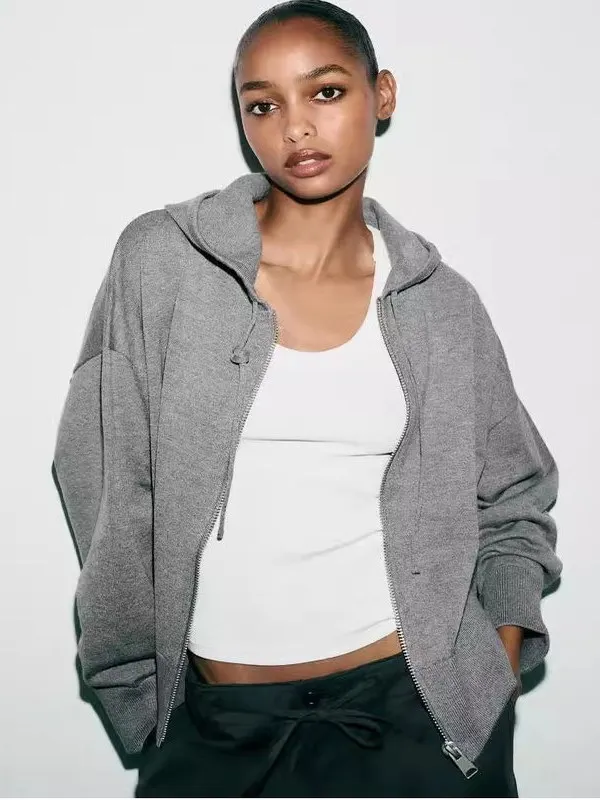 mat Comfortable Knitted Long Sve Hoodie Women's Faion New Arrival 2025 Autumn Season Polyester Fabric Zipper Closure