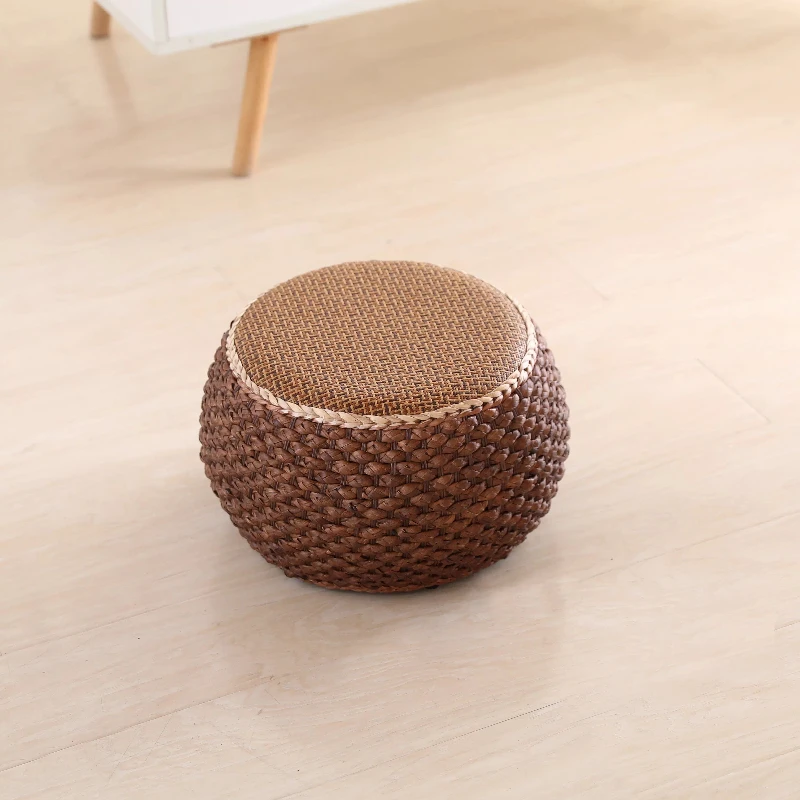

Solid Wood & Handwoven Rattan Drum Stool, Natural Bohemian Ottoman for Tatami, Entryway Shoe Bench, Round Seat with Sturdy Frame
