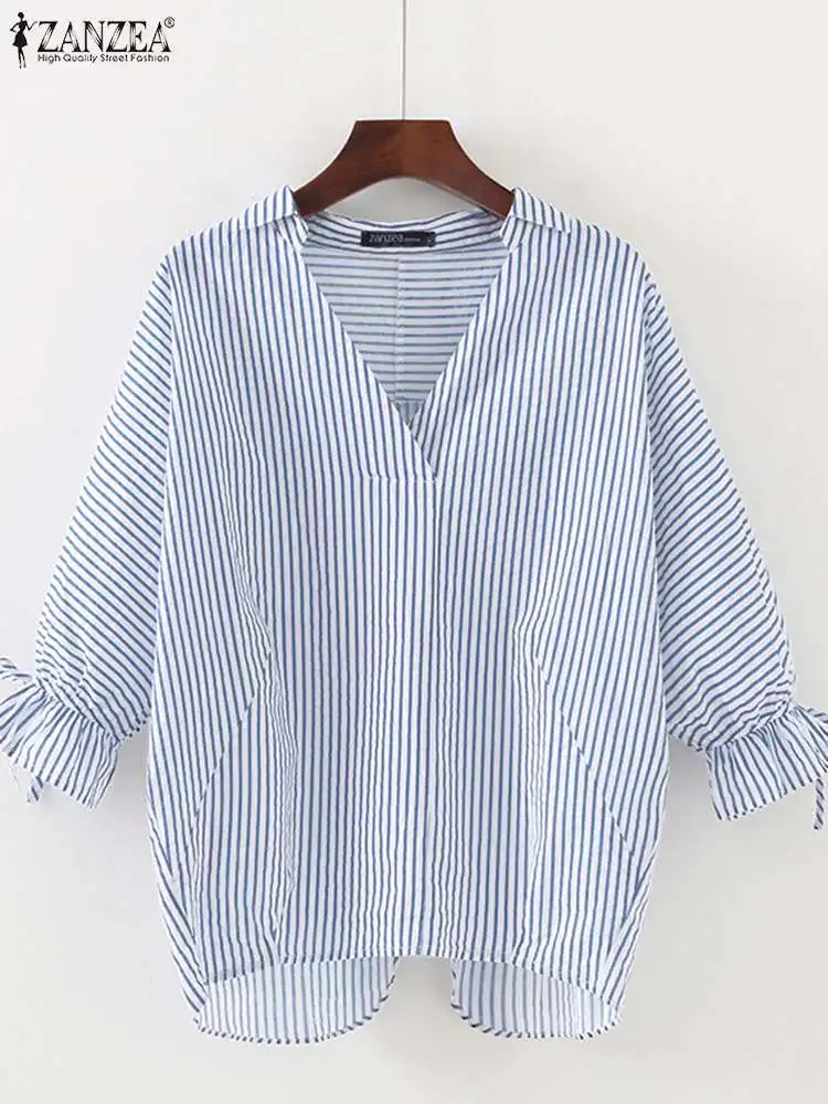 ZANZEA Women Stripe Print Shirt Casual Loose 3/4 Sleeve Blouse 2024 Summer V-neck Thin Tops Vintage Bandage Cuff Office Blusas