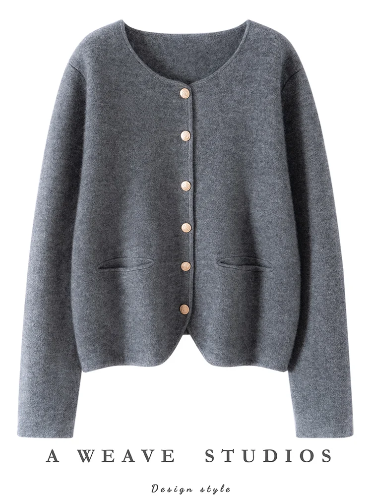

Women's Cashmere Cardigan Autumn Winter O-neck Long Sleeve 100% Cashmere Sweater Metal Buttons High Quality Thick Soft Knitwear
