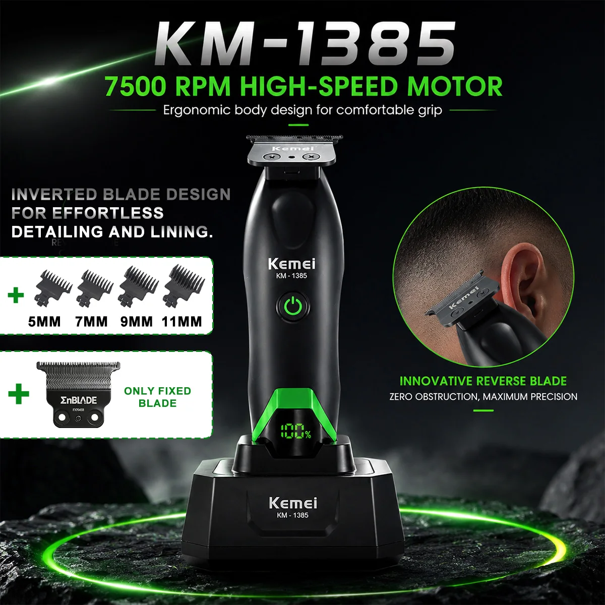 kemei-km-1385-プロフェッショナルバリカン-t-ブレード-7500rpm-5w-dc-モーター-ドック-led-ディスプレイ付き-1400mah-メンズヘアトリマーマシン