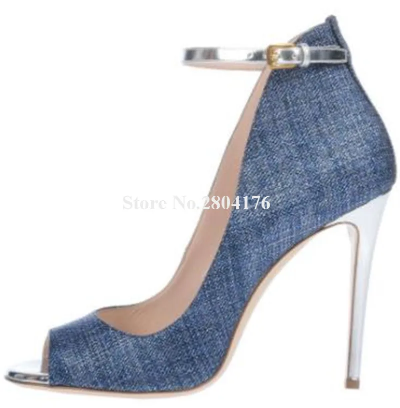 

Blue Denim Pumps Newest Peep Toe Patchwork Stiletto Heel Dress Shoes Ankle Silver Strap Slip-on Party High Heels