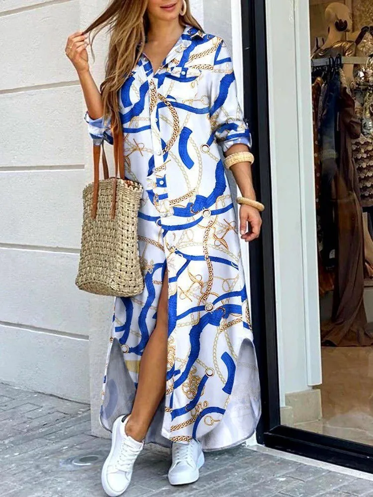 New Summer Personalized Printed Button Long Sleeve Shirt Dress Long Women's Dress 2025 Fashionable Casual Street Loose Dress