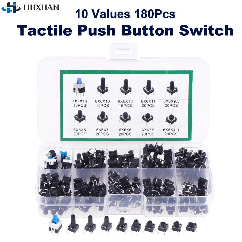 【ZYDD02】180Pcs/box 10 Values Tactile Push Button Switches 6*6 4.3-13MM 7*7mm Momentary Tactile Tact Mini Switch