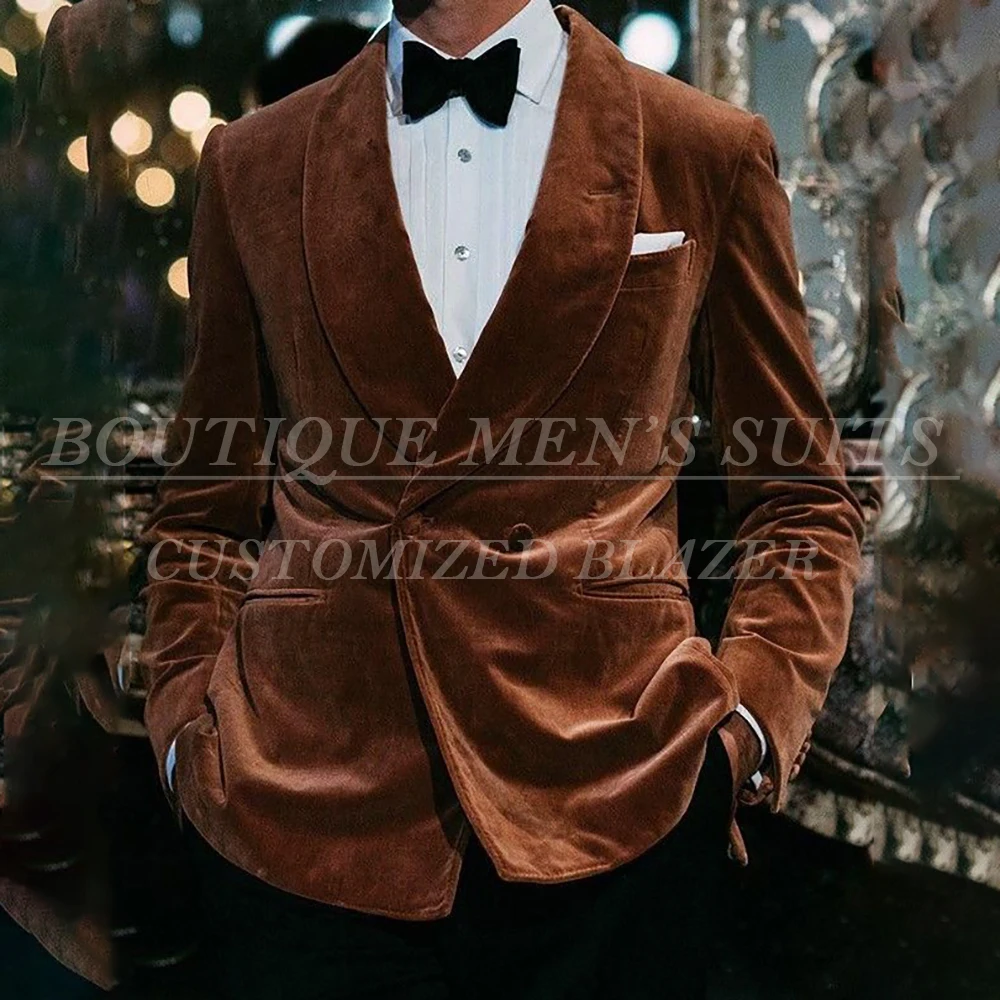 

Fashion Double Breasted Men's Suits Elegant Brown Velvet 2 Piece Jacket Pants Sets Customized Luxury Daily Male Clothing Terno