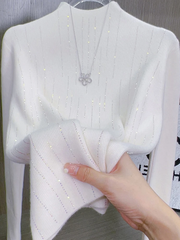 

Модный вязаный джемпер с высоким воротом и бриллиантовой инкрустацией, осенне-зимняя новинка, элегантный, омолаживающий, стройнящий, без рукавов