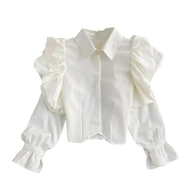 Vintage Polo Neck Solid Short Blouse Long Sleeve All-match Street Casual Shirt Tops Spring Autumn Fashion Korean Women Clothing