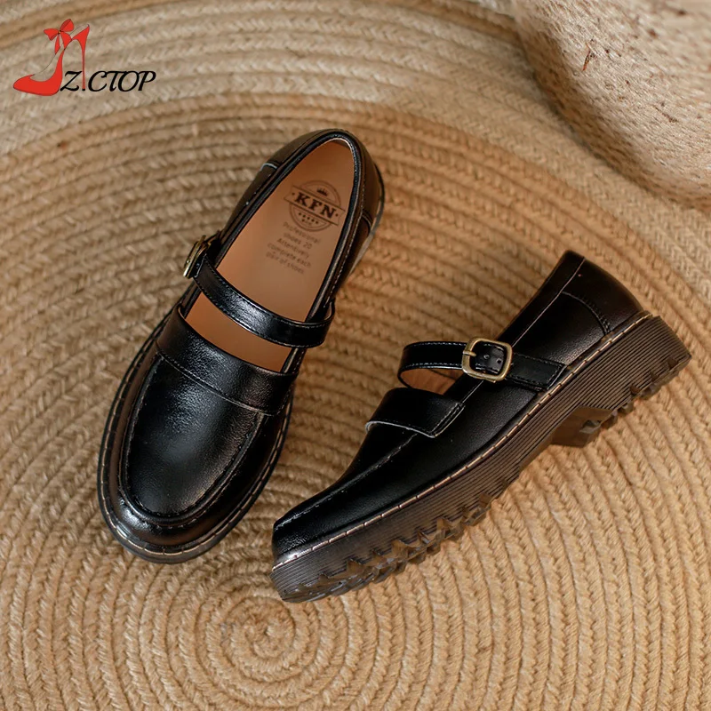 Retro Platform Mary Jane Lolita Shoes Women Chunky Heel Soft Bottom Flat Japanese School Jk Uniform Leather Shoes Brown Black