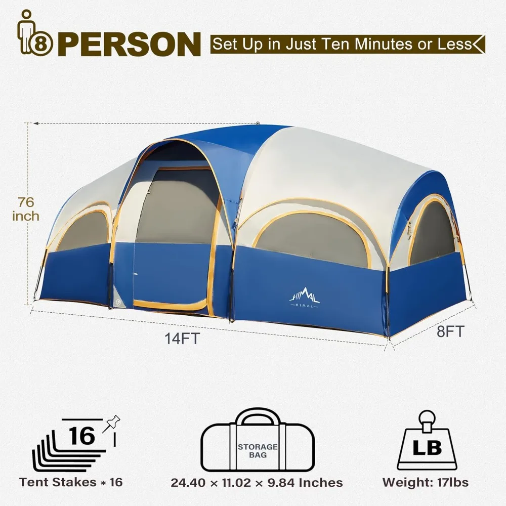 8 Person Tent for Camping, Waterproof Windproof Family Tent with Rainfly, Divided Curtain Design for Privacy Space, Portable