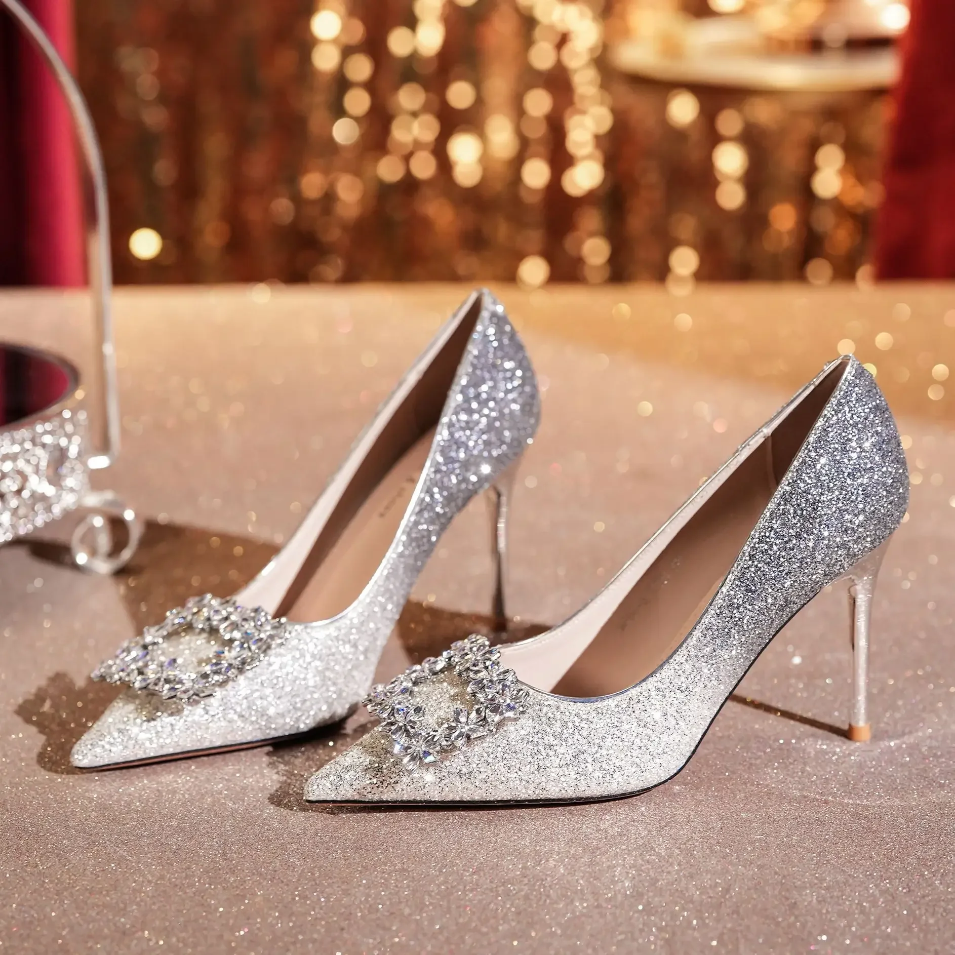 2024 Autumn Luxury Ladies Pumps Rhinestone Square Buckle Women's High Heels Single Shoes Dress Banquet Wedding Shoes