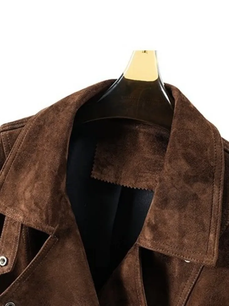 Leisure Ladies Single-Breasted Belt Genuine Leather Jackets Solid Color Turn Down Collar Long Sleeves Sheepskin Outwear
