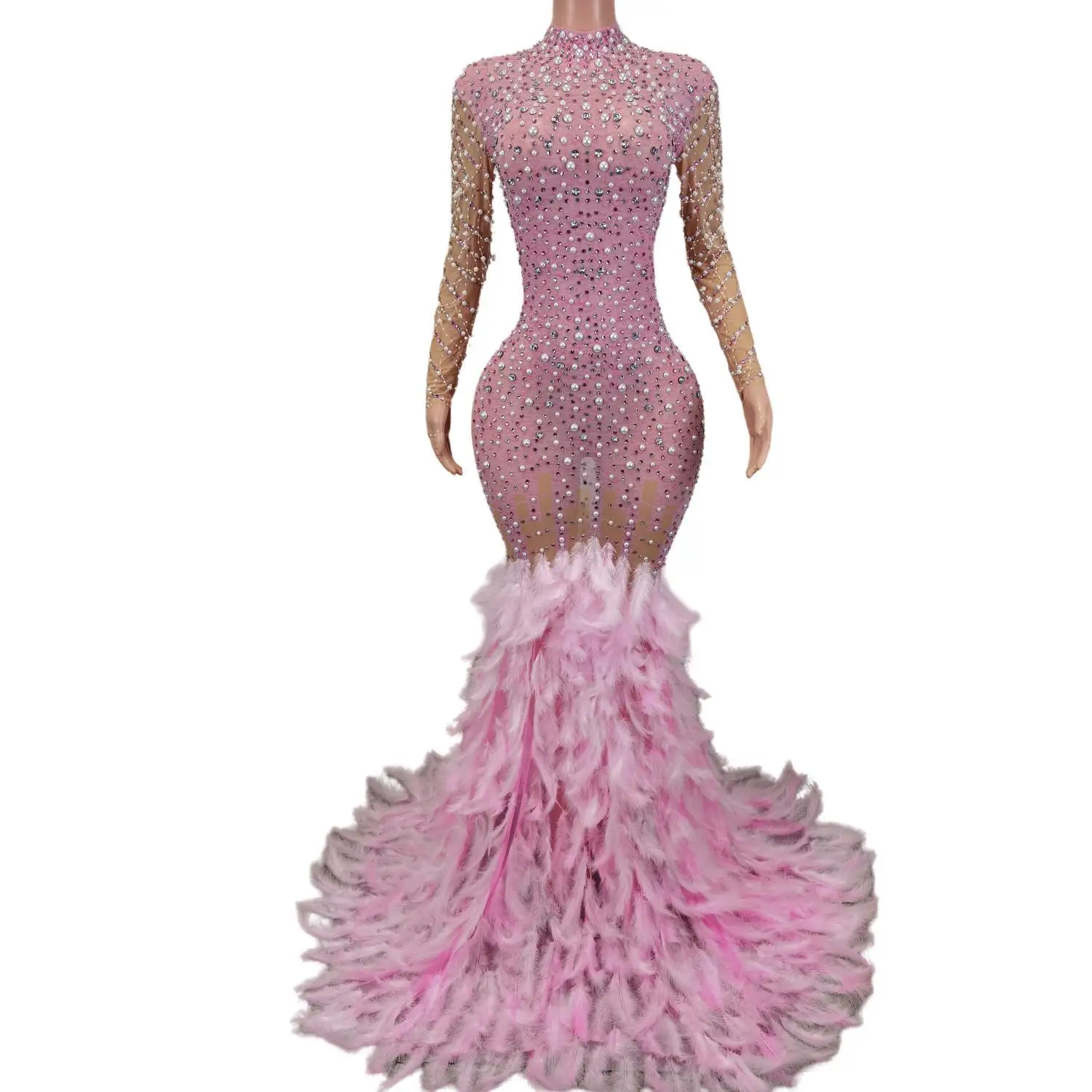 

Fashion Feather Women Sparkle Diamond Floor Length Dress Hip Wrapped Dress Sexy Luxury Pearl Sequin Party Dress Lady Formal Gown