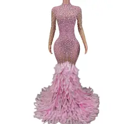 Fashion Feather Women Sparkle Diamond Floor Length Dress Hip Wrapped Dress Sexy Luxury Pearl Sequin Party Dress Lady Formal Gown