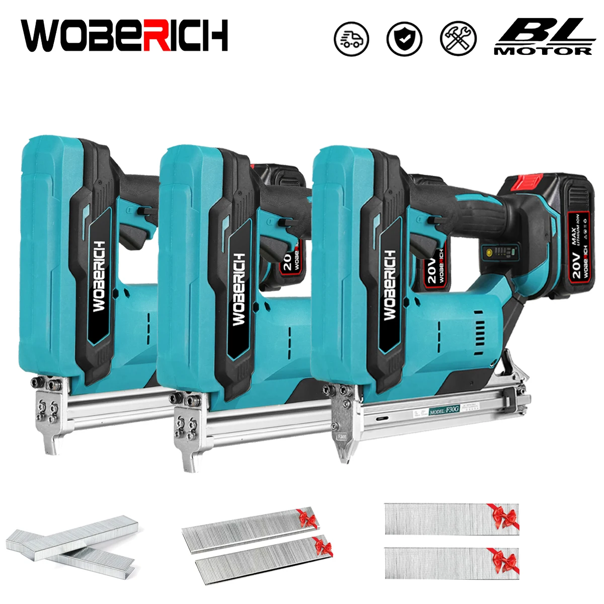 

Brushless Wireless Cordless Electric Nail Gun Stapler Nailer Straight U Staples+ 2 set nails For Makita/WOBERICH Battery