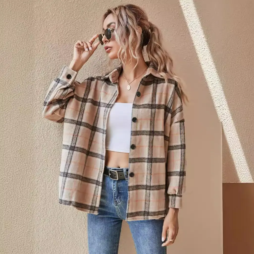 

Women's Plaid Brushed Tweed Coat Spring New Printed Shirt by Wish Furry Outerwear