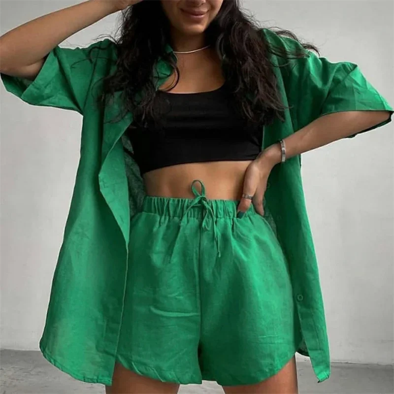 2024 Summer Women's Cotton Single Breasted Short Sleeve Shirt Shorts Loose Fashion Casual Suit Women Cloting